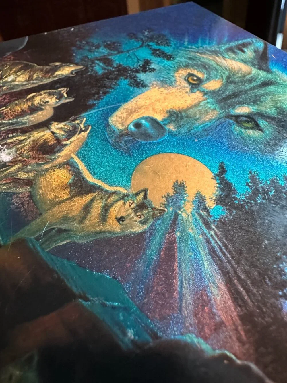 VTG Holographic Foil Howling Wolves Moon Wood Jewelry Souvenir Box Port Aransas